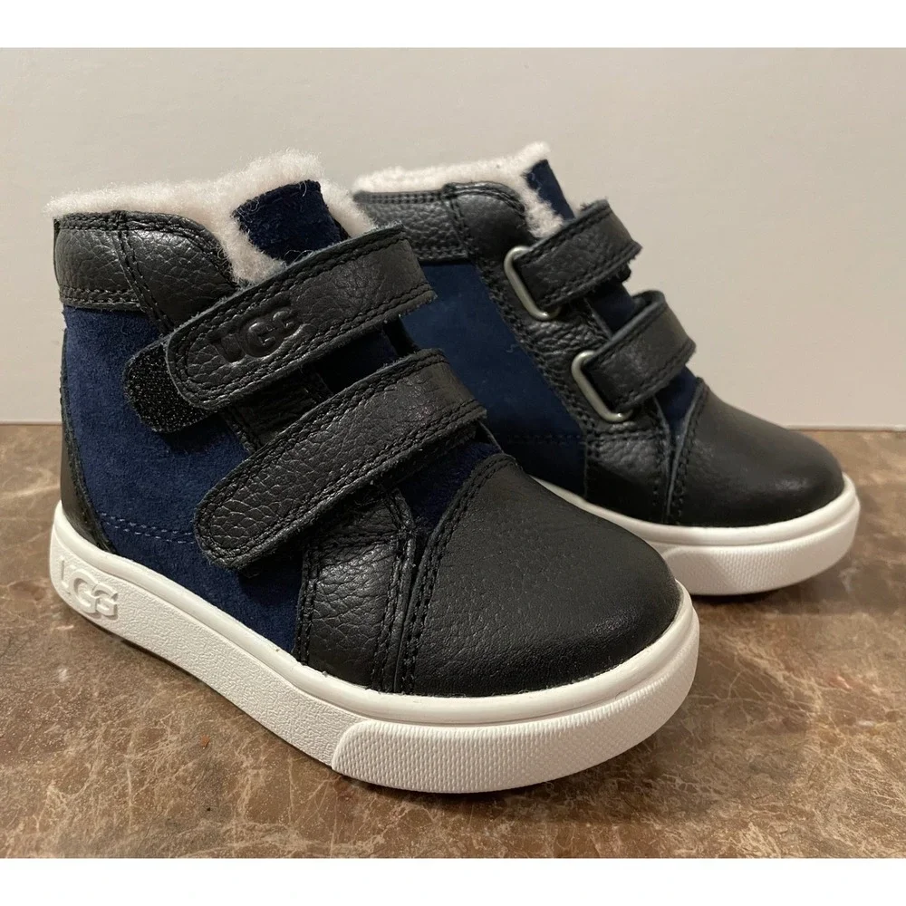 UGG Kids Rennon II Black Blue Leather‎ Suede Sherpa Lined Hook Loop Boots Kids 6